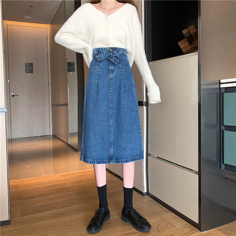 Damen Denim Midi-Rock Abnehmbarer Gürtel Blau