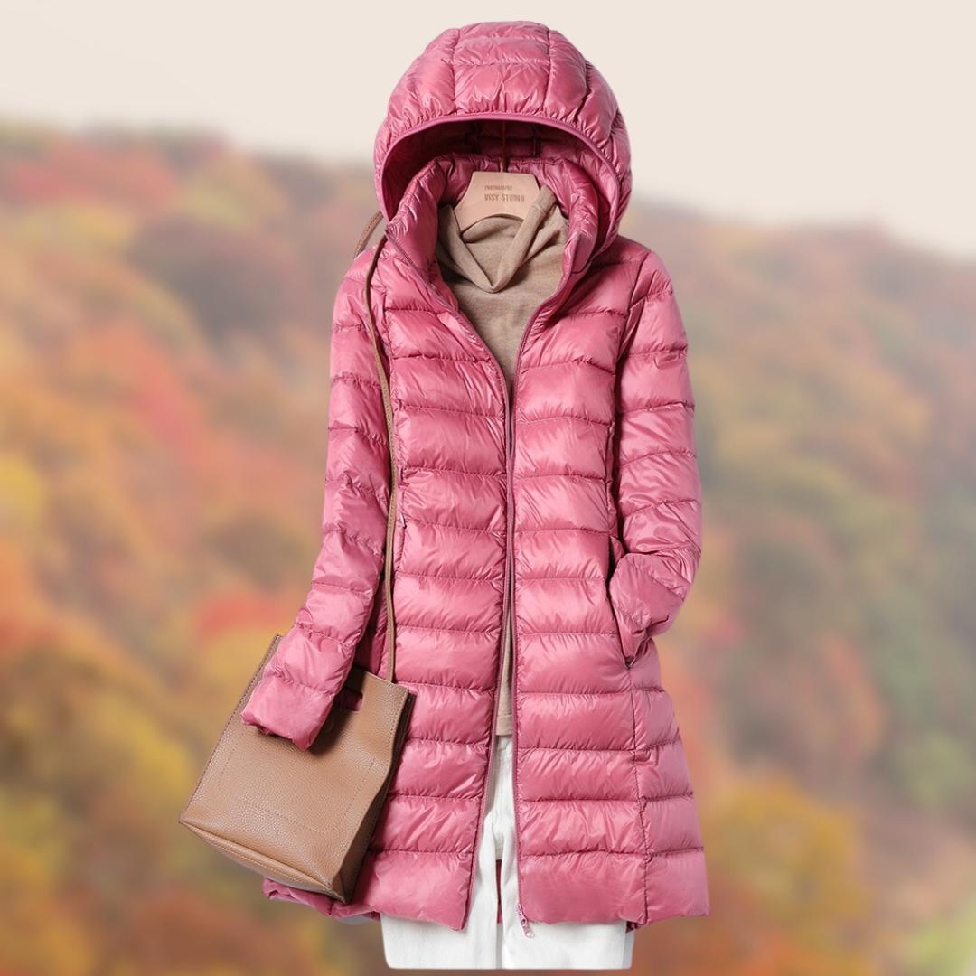 Damen Steppjacke Lang Glänzend Mit Kapuze