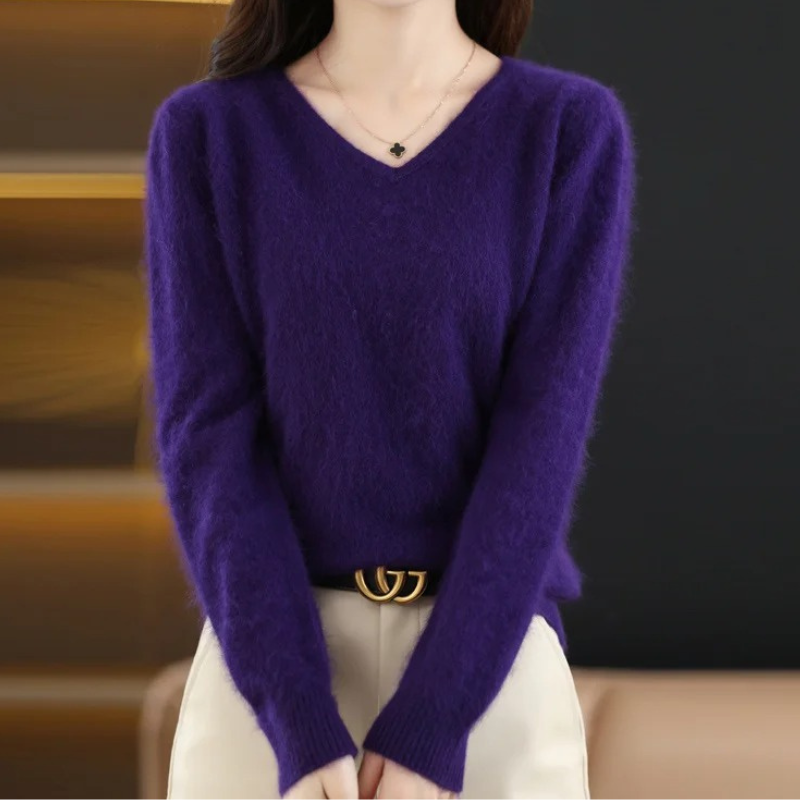 Damen Pullover V-Ausschnitt Leichter Weicher Strick