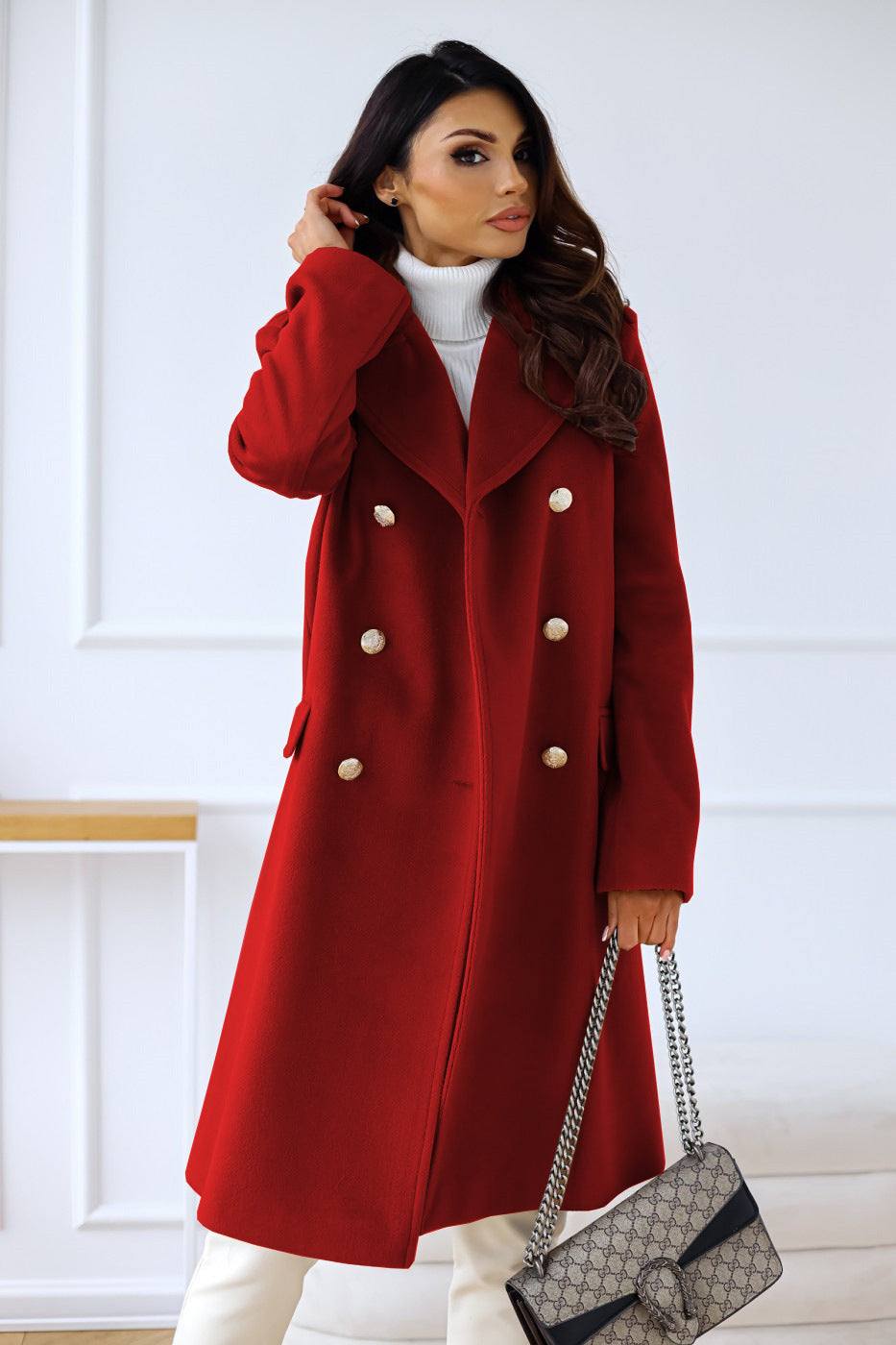 Damen Trenchcoat Lang Klassisch Mit Knöpfen