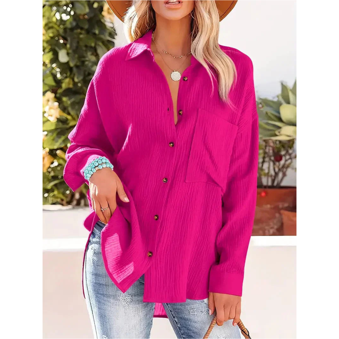 Damen Bluse Unifarbe Knopfleiste Hemdkragen Elegante Langarmbluse