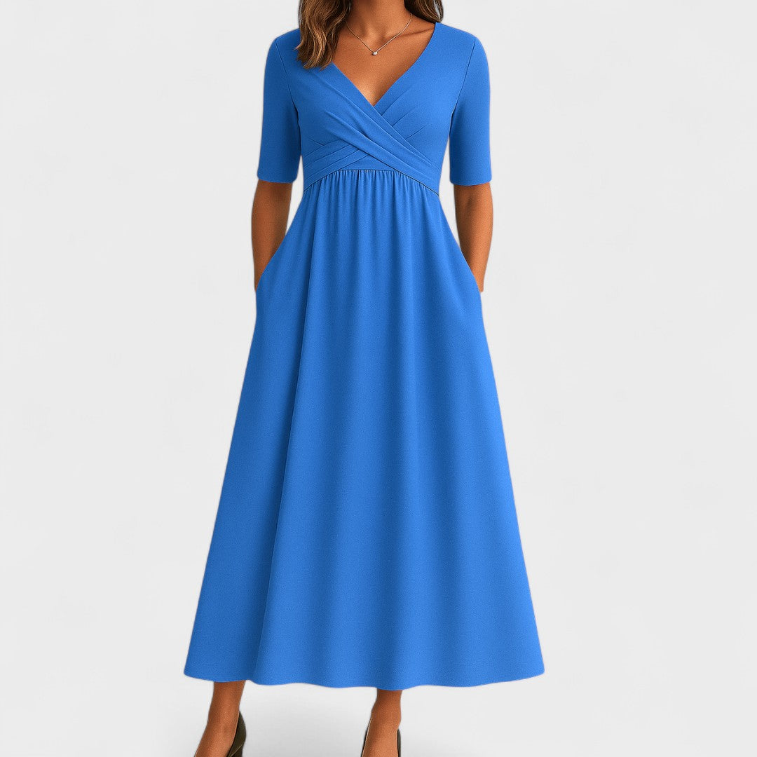 Damen Maxi Kleid V-Ausschnitt Kurzarm