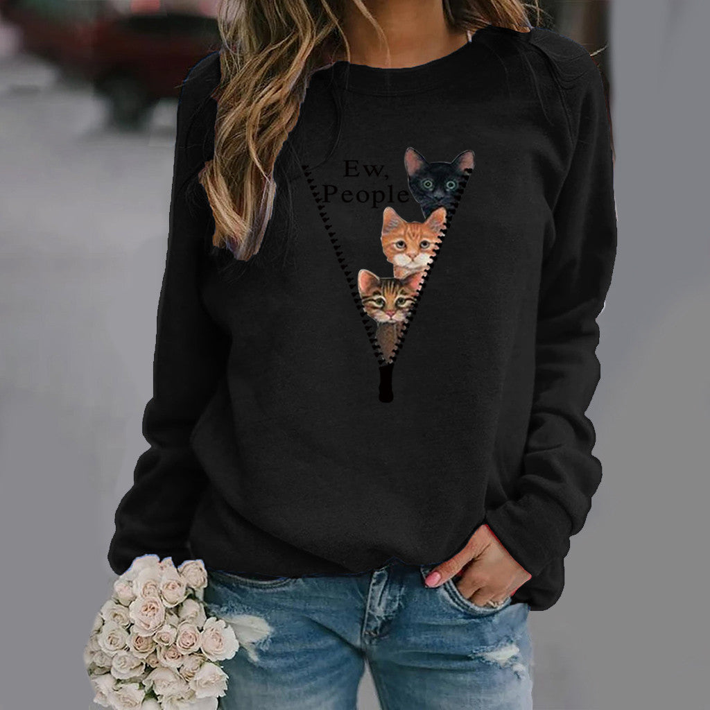 Damen Sweatshirt Rundhals Weicher Baumwollmix Katzen Grafik Beige