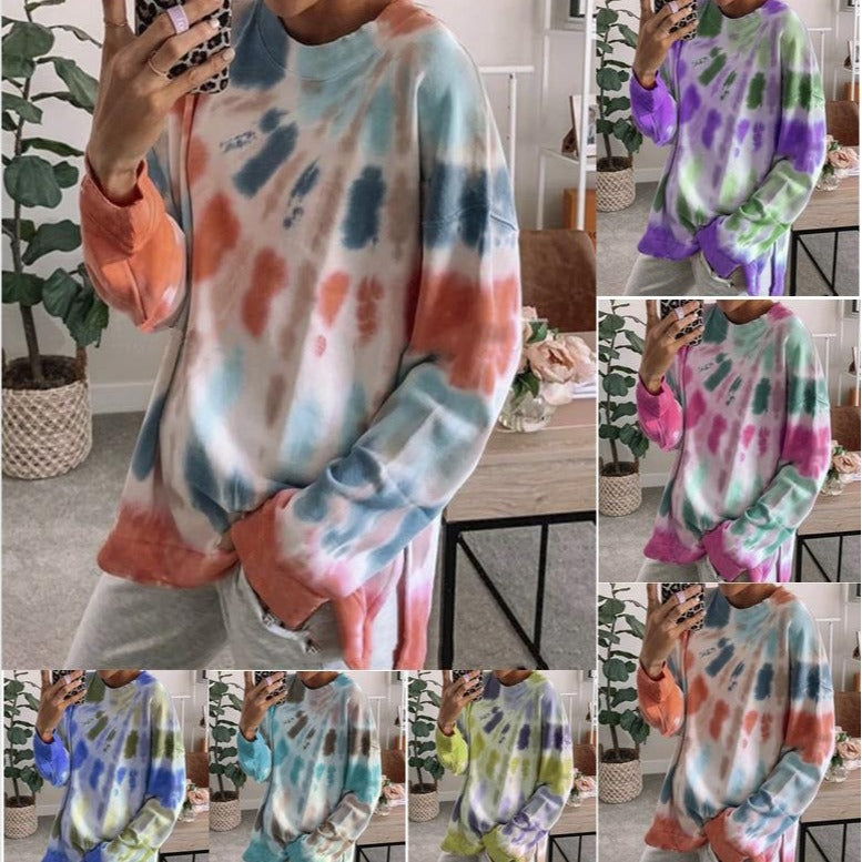 Damen Sweatshirt Oversized Batik Rundhalsausschnitt Bequem