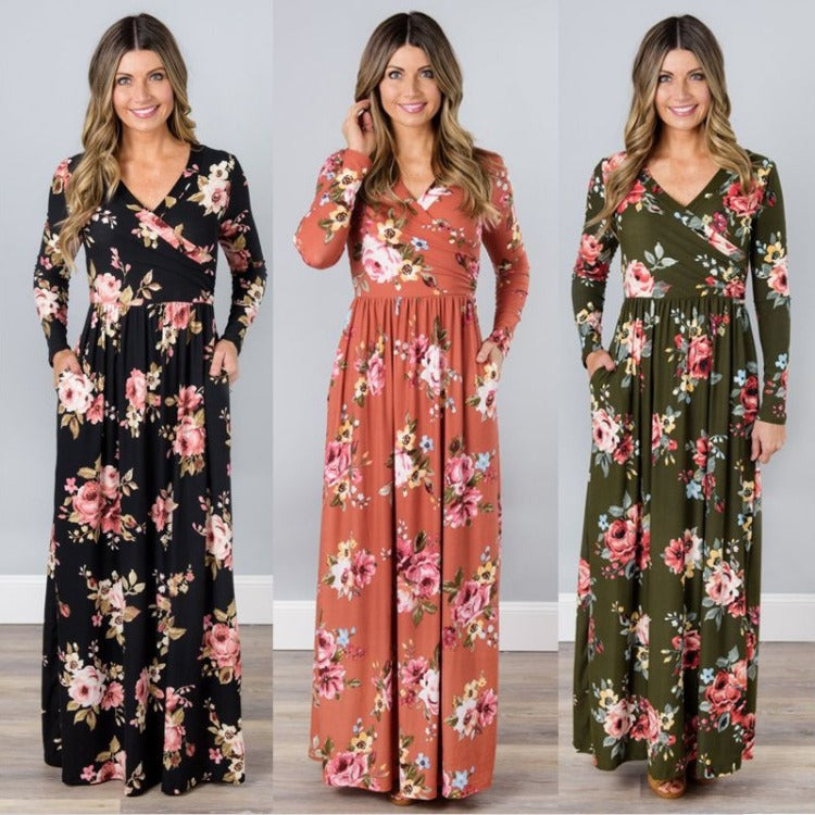 Damen Maxikleid Floral Wickeldesign Langer Ärmel - Eveloria