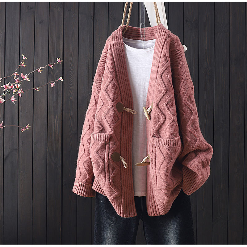 Damen Grobstrickcardigan Zopfmuster Baumwolle Beige