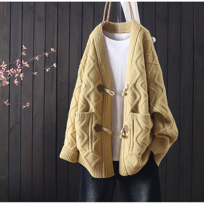 Damen Grobstrickcardigan Zopfmuster Baumwolle Beige - Eveloria