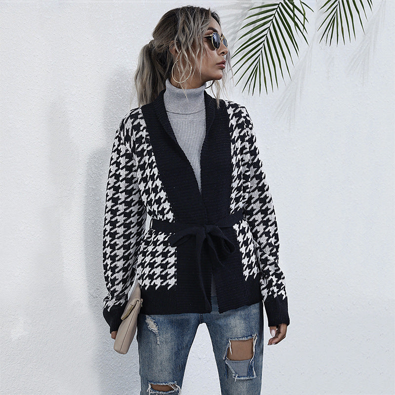 Damen Strickjacke Karomuster Taillengurt - Eveloria
