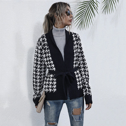 Damen Strickjacke Karomuster Taillengurt - Eveloria
