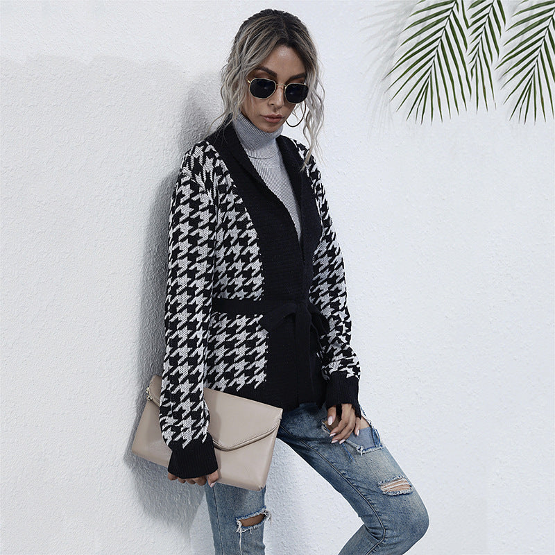 Damen Strickjacke Karomuster Taillengurt