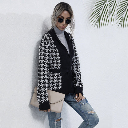 Damen Strickjacke Karomuster Taillengurt