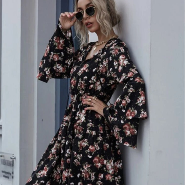 Damen Midikleid Weitärmlig Floralmuster Eveloria