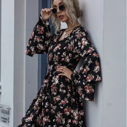 Damen Midikleid Weitärmlig Floralmuster Eveloria