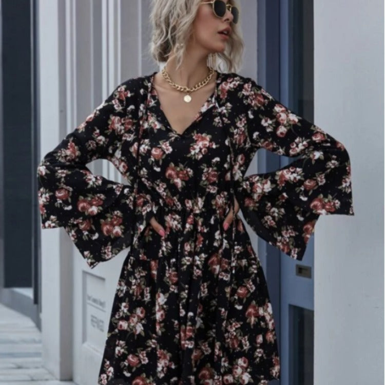 Damen Midikleid Weitärmlig Floralmuster Eveloria