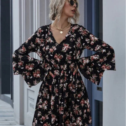 Damen Midikleid Weitärmlig Floralmuster Eveloria