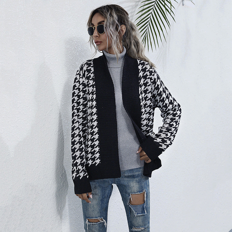 Damen Strickjacke Karomuster Taillengurt