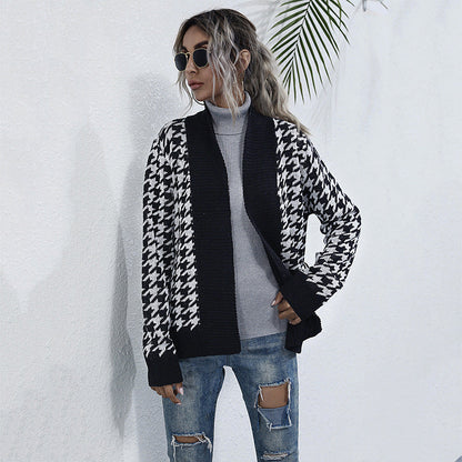 Damen Strickjacke Karomuster Taillengurt