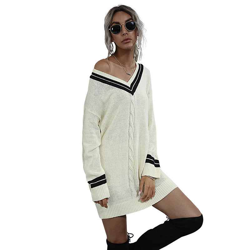 Damen Strickkleid V-Ausschnitt Taillengürtel Eveloria