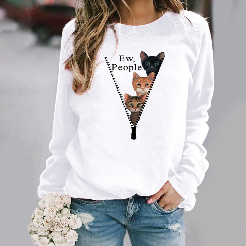Damen Sweatshirt Rundhals Weicher Baumwollmix Katzen Grafik Beige - Eveloria