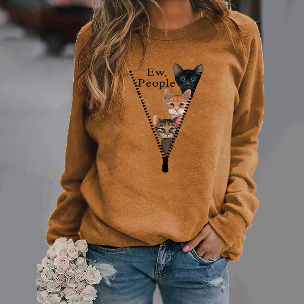 Damen Sweatshirt Rundhals Weicher Baumwollmix Katzen Grafik Beige