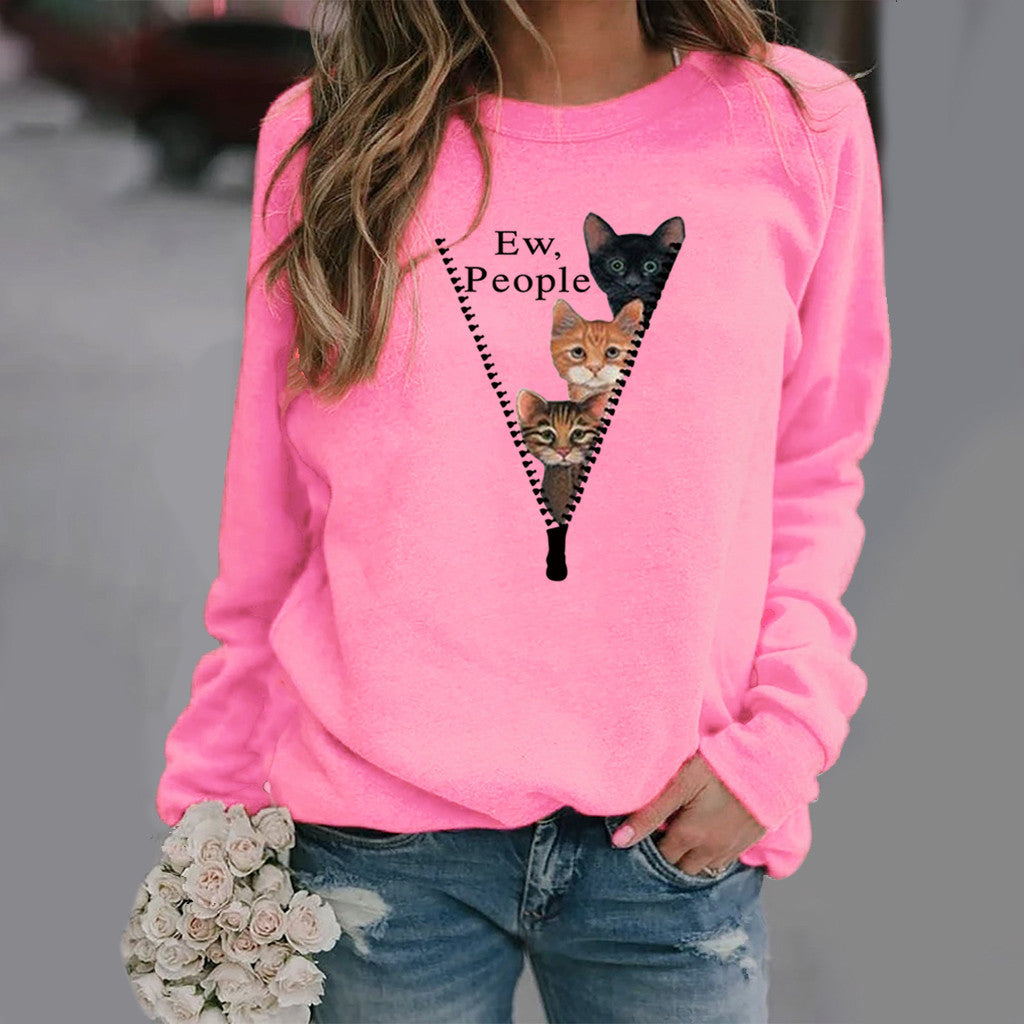 Damen Sweatshirt Rundhals Weicher Baumwollmix Katzen Grafik Beige