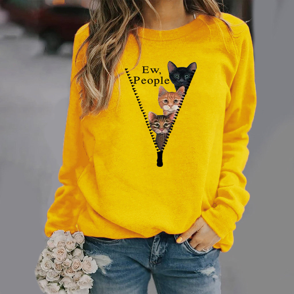 Damen Sweatshirt Rundhals Weicher Baumwollmix Katzen Grafik Beige