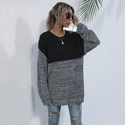 Damen Strickpullover Oversized Lässig Farbkontrast