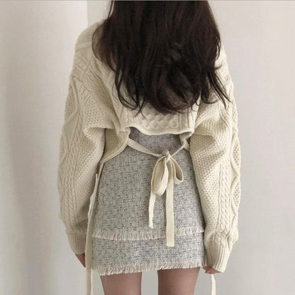 Damen Strickjacke Lang Taillengürtel Zopfmuster Beige