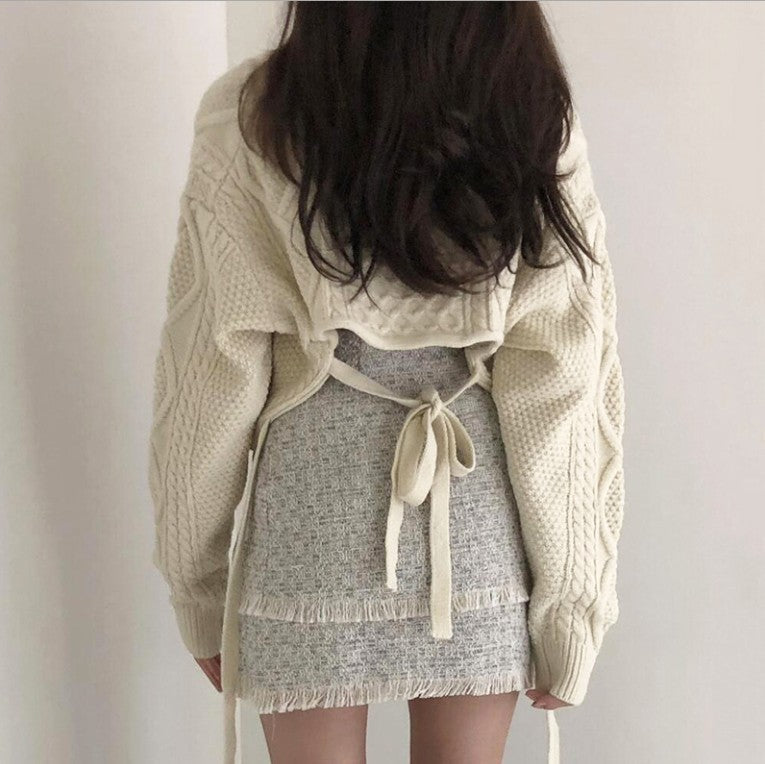 Damen Strickjacke Lang Taillengürtel Zopfmuster Beige