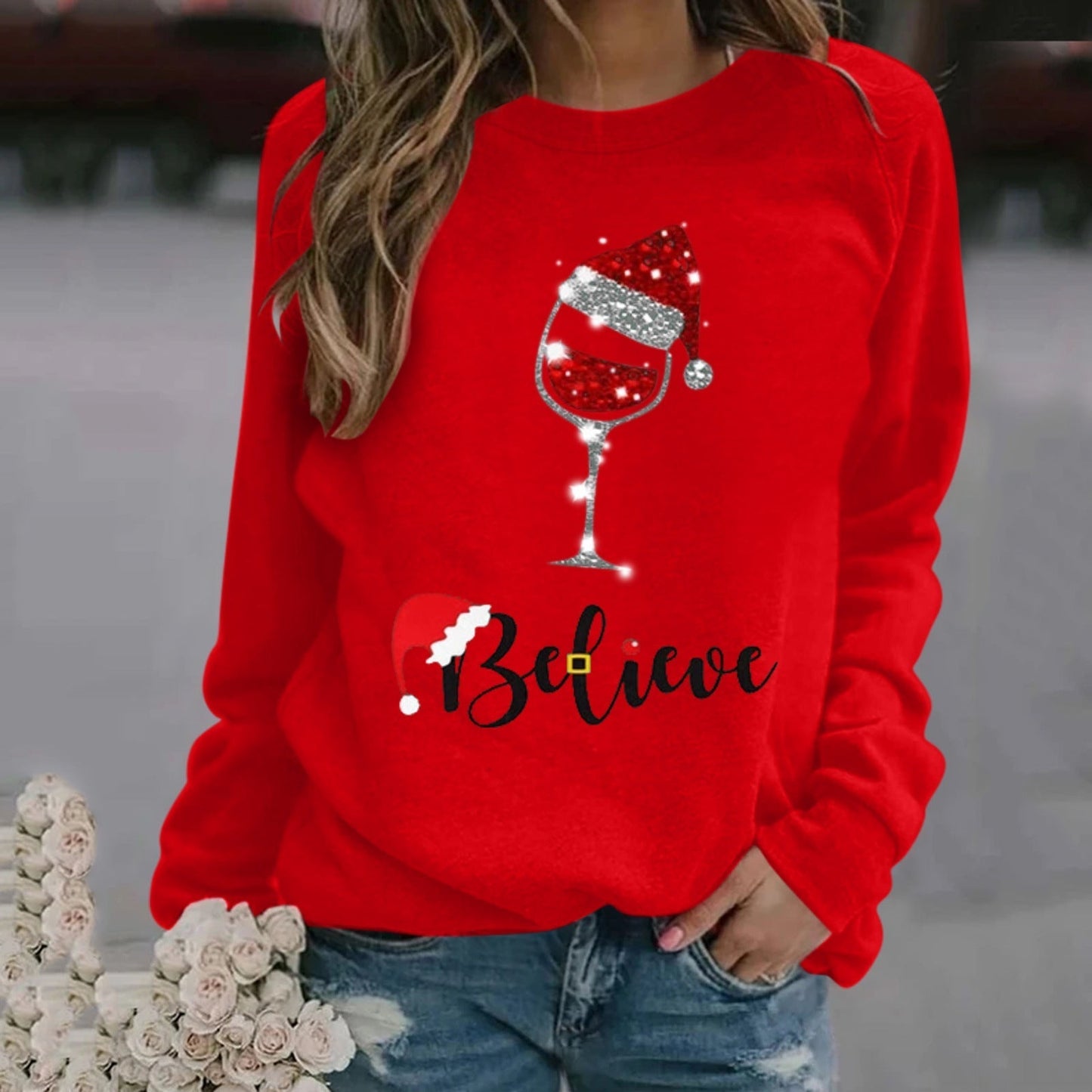 Eveloria Damen Sweatshirt Baumwolle Rundhals Festlich