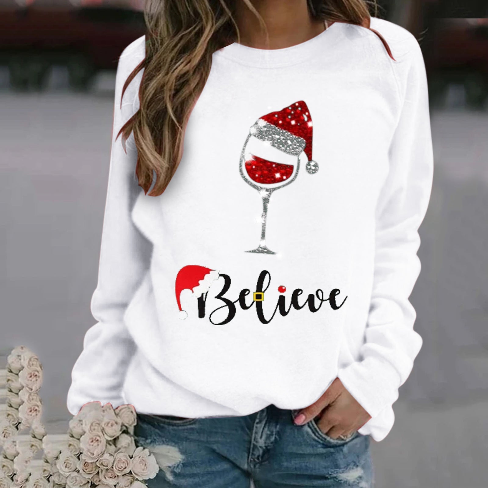 Eveloria Damen Sweatshirt Baumwolle Rundhals Festlich - Eveloria