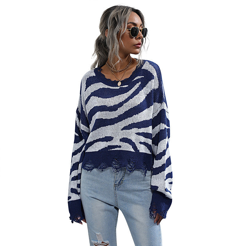 Damen Pullover Zebra-Muster Weit Schnitt Grau