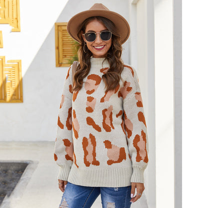 Damen Pullover Tierprint Hochkragen Grau Eveloria