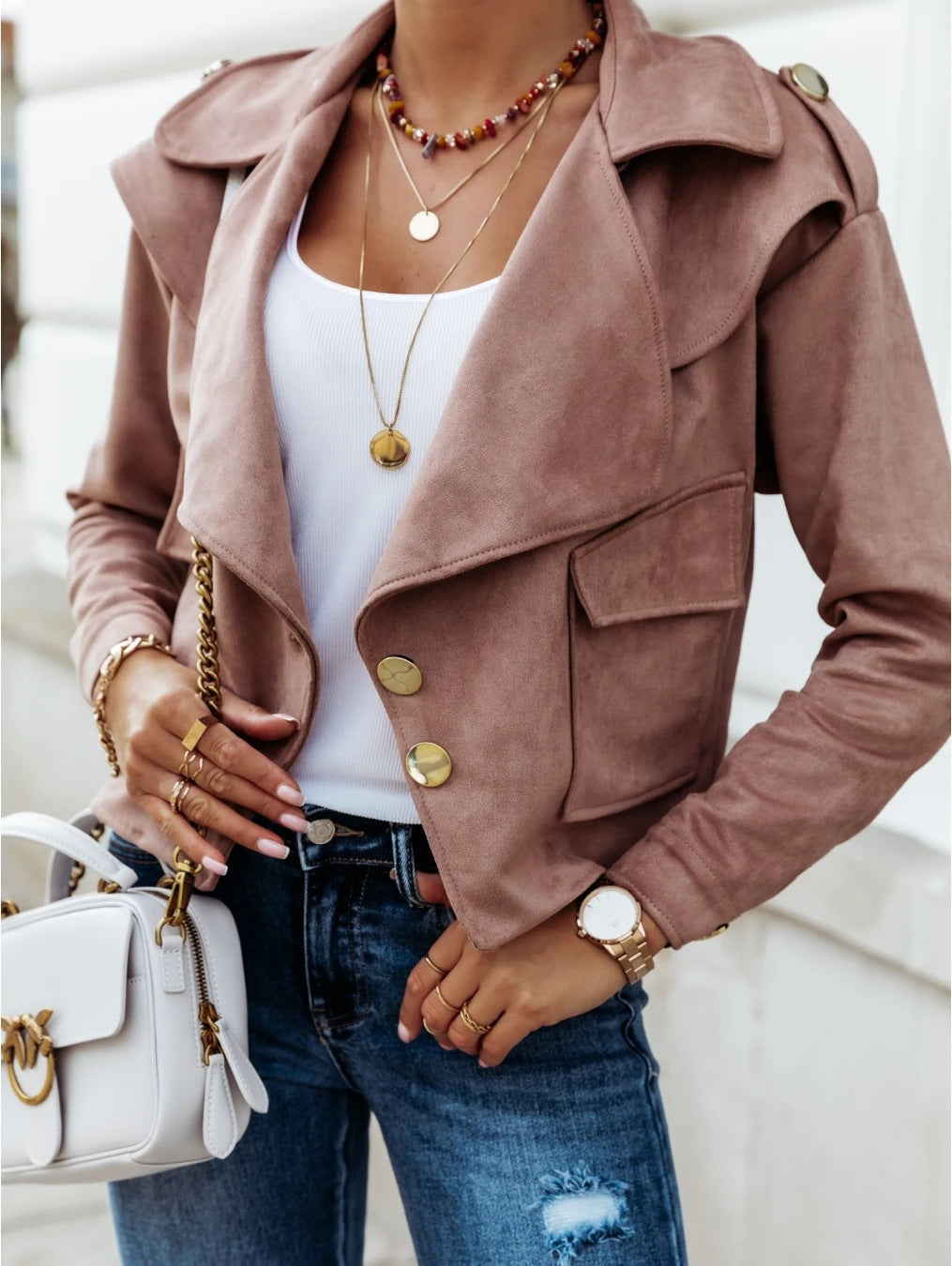Damen Bikerjacke Wildlederimitat Metallknöpfe