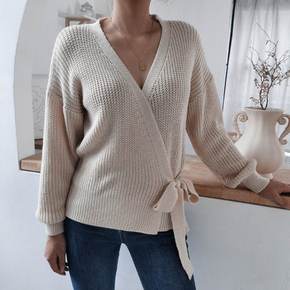 Damen Wickelpullover Strukturiertes Strickdesign mit Bindeband