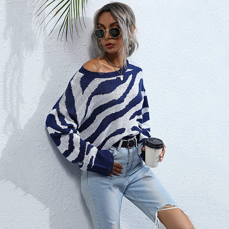 Damen Pullover Zebra-Muster Weit Schnitt Grau