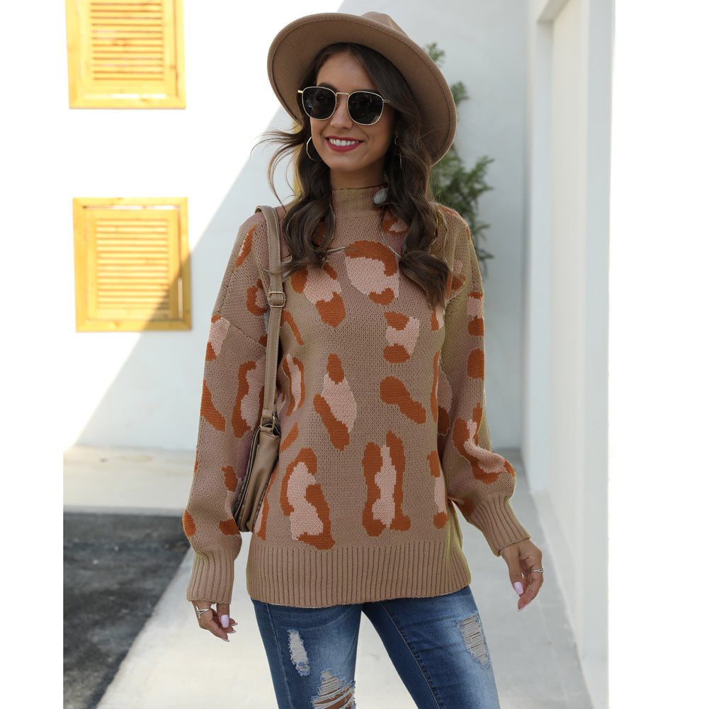 Damen Pullover Tierprint Hochkragen Grau Eveloria