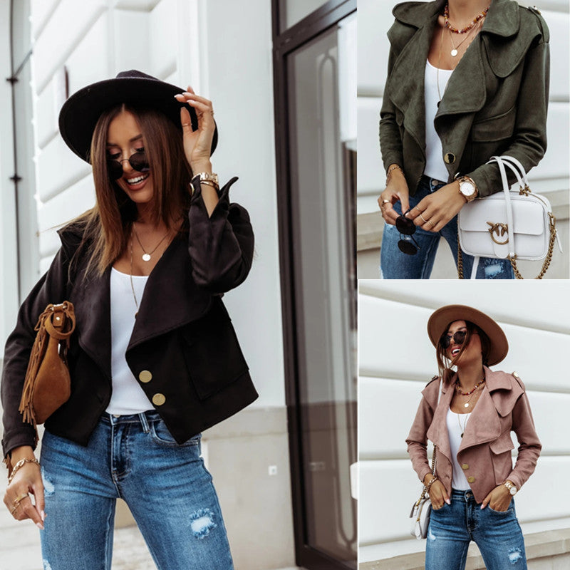 Damen Bikerjacke Wildlederimitat Metallknöpfe