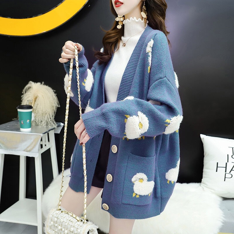 Damen Strickjacke Tiermotiv Große Knöpfe Eveloria