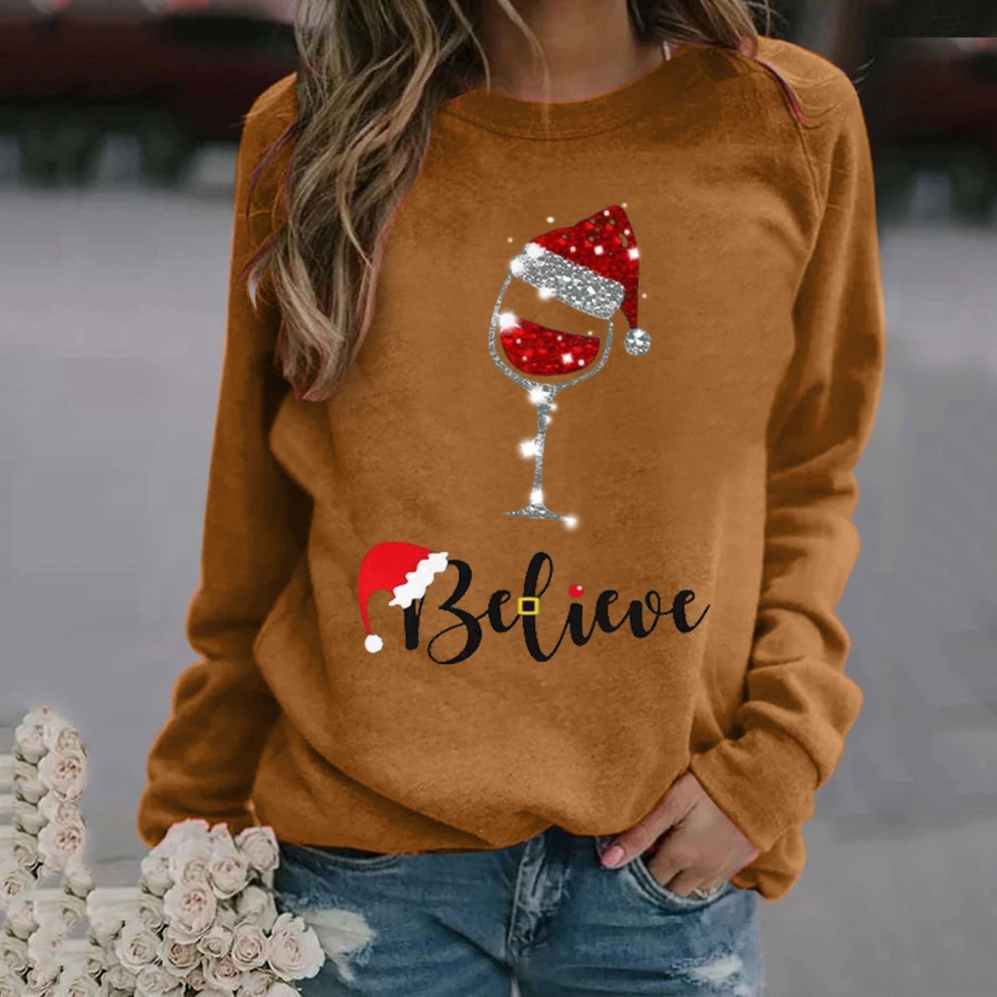 Eveloria Damen Sweatshirt Baumwolle Rundhals Festlich