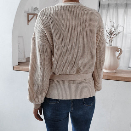 Damen Wickelpullover Strukturiertes Strickdesign mit Bindeband