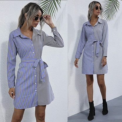 Damen Hemdblusenkleid mit Gürtel Streifenmuster Eveloria