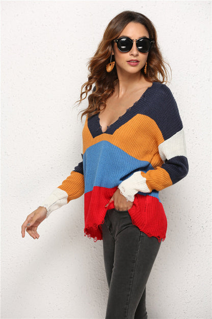 Damen Strickpullover Lässig V-Ausschnitt Streifenmuster