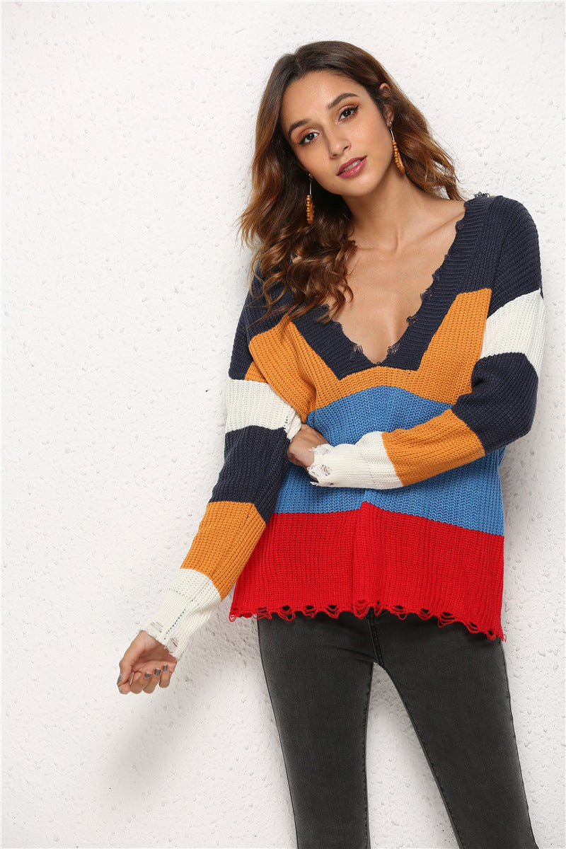 Damen Strickpullover Lässig V-Ausschnitt Streifenmuster