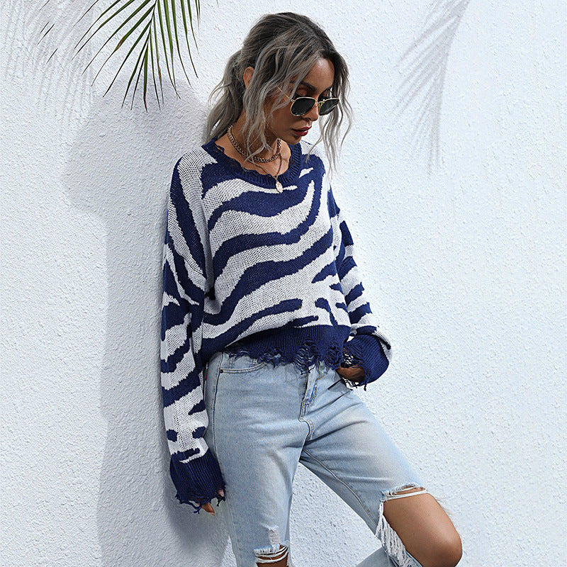 Damen Pullover Zebra-Muster Weit Schnitt Grau