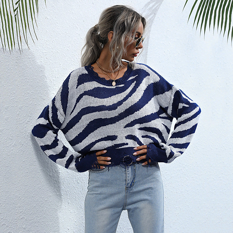 Damen Pullover Zebra-Muster Weit Schnitt Grau - Eveloria