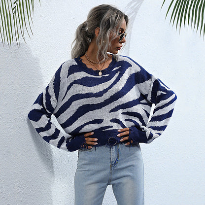 Damen Pullover Zebra-Muster Weit Schnitt Grau - Eveloria