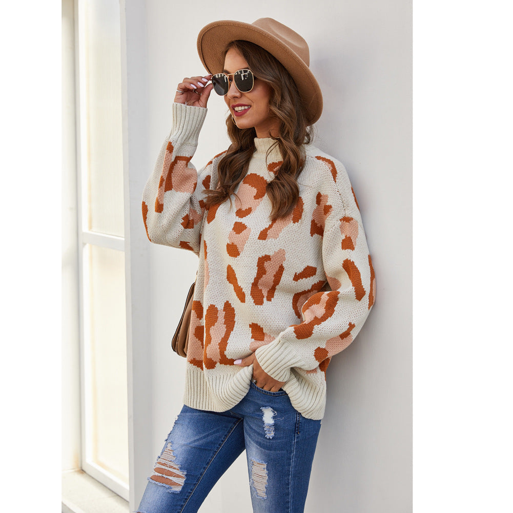 Damen Pullover Tierprint Hochkragen Grau Eveloria