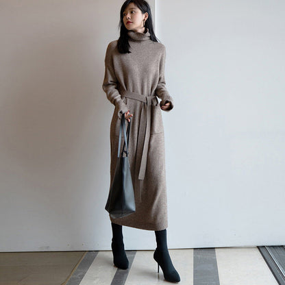Damen Strickkleid Hohler Kragen Taillengürtel Eveloria