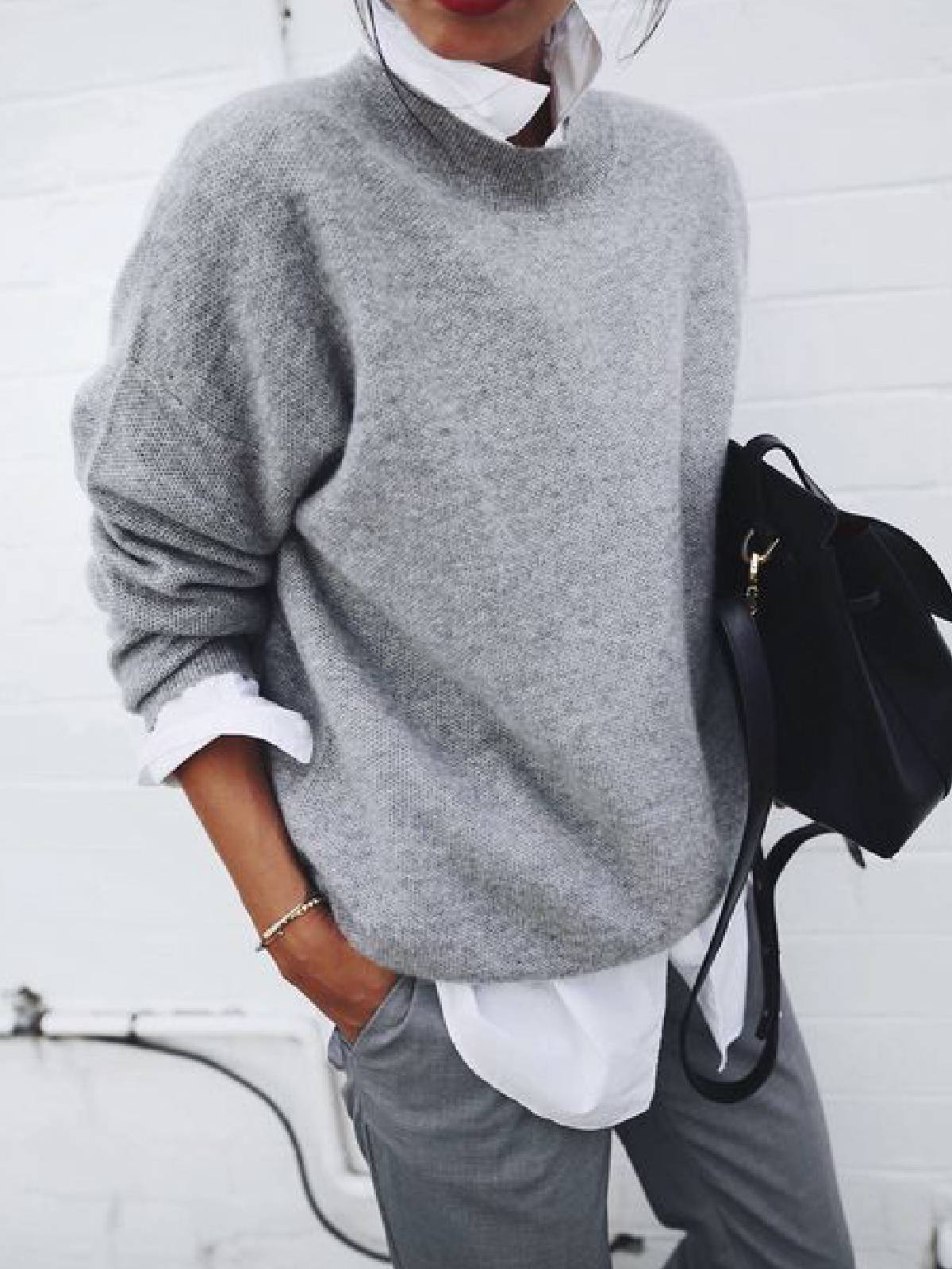 Damen Rundhalspullover Strickmischung Kuschelig Grau